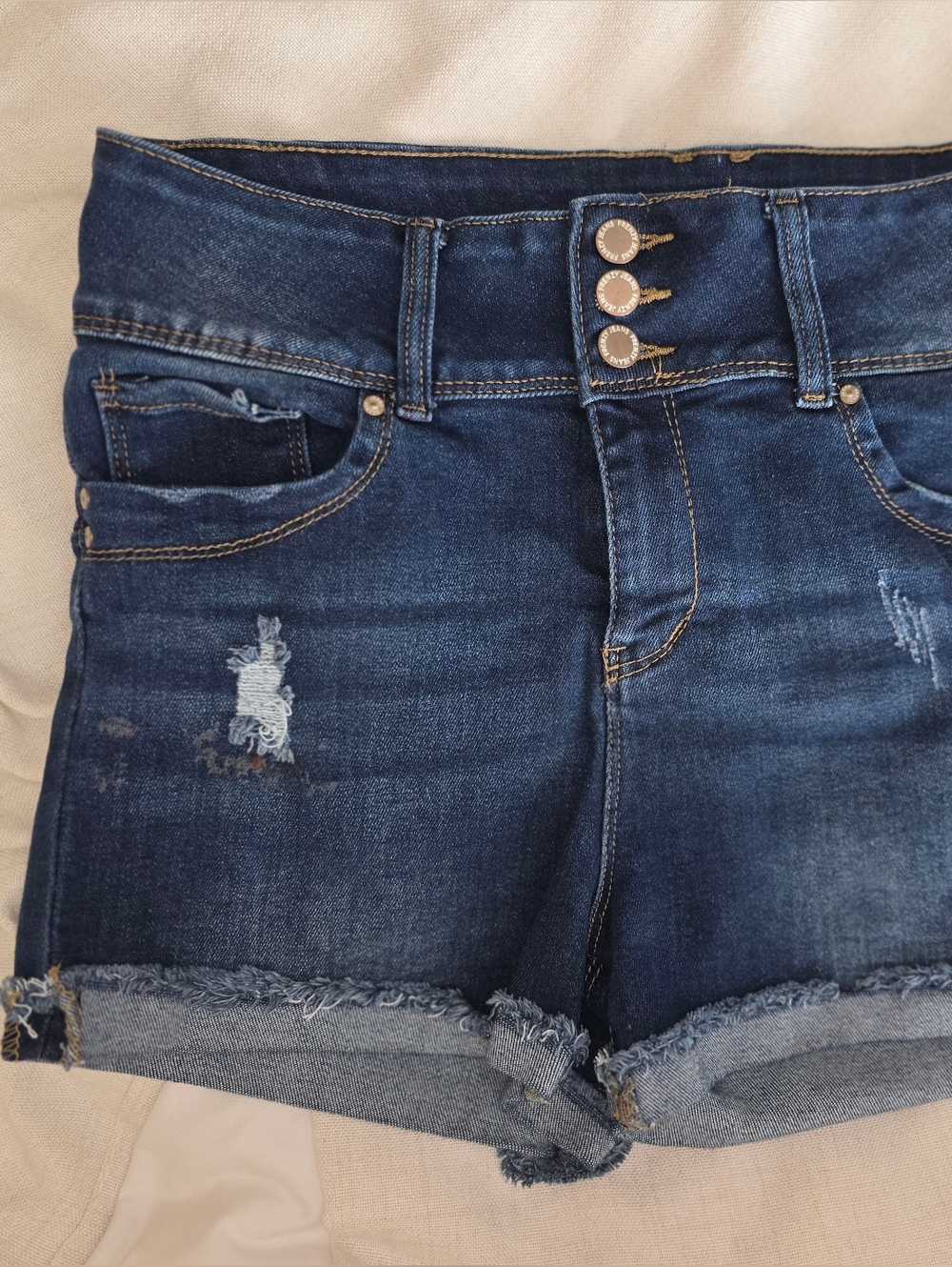 * Frenzy Dark Blue Distressed Denim Shorts with Triple Button